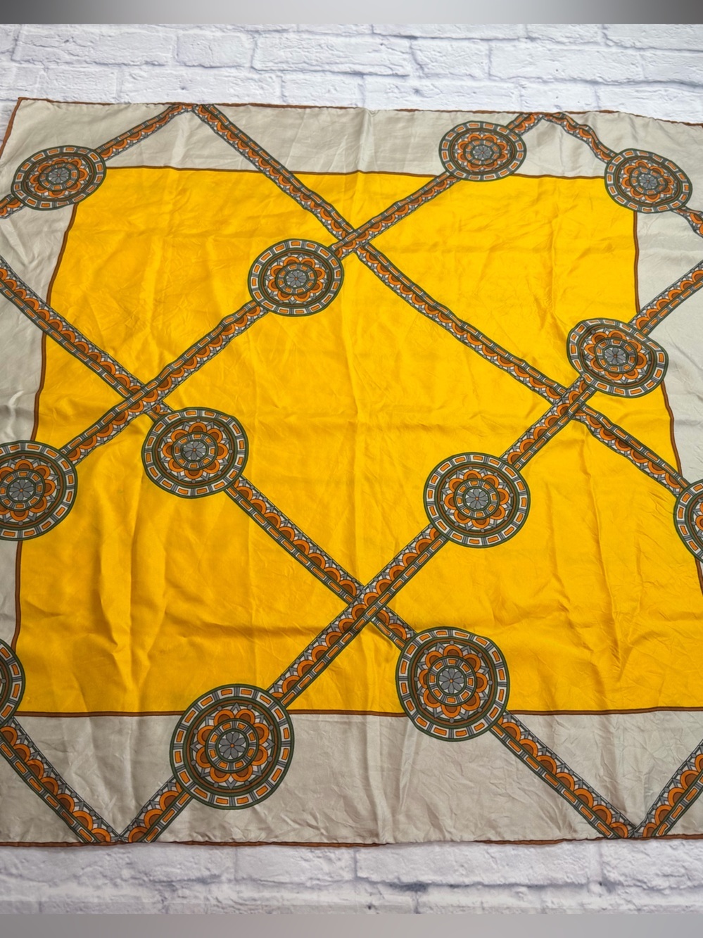 VTG Beige Silk Scarf w/ Gold Panels and Brown Hand Rolled Trim.
